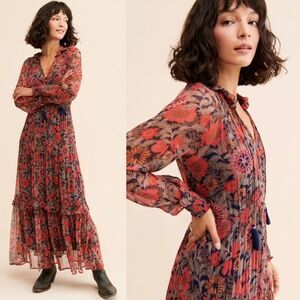 By Anthropologie The Marais Printed Chiffon Maxi Dress Long Sleeve